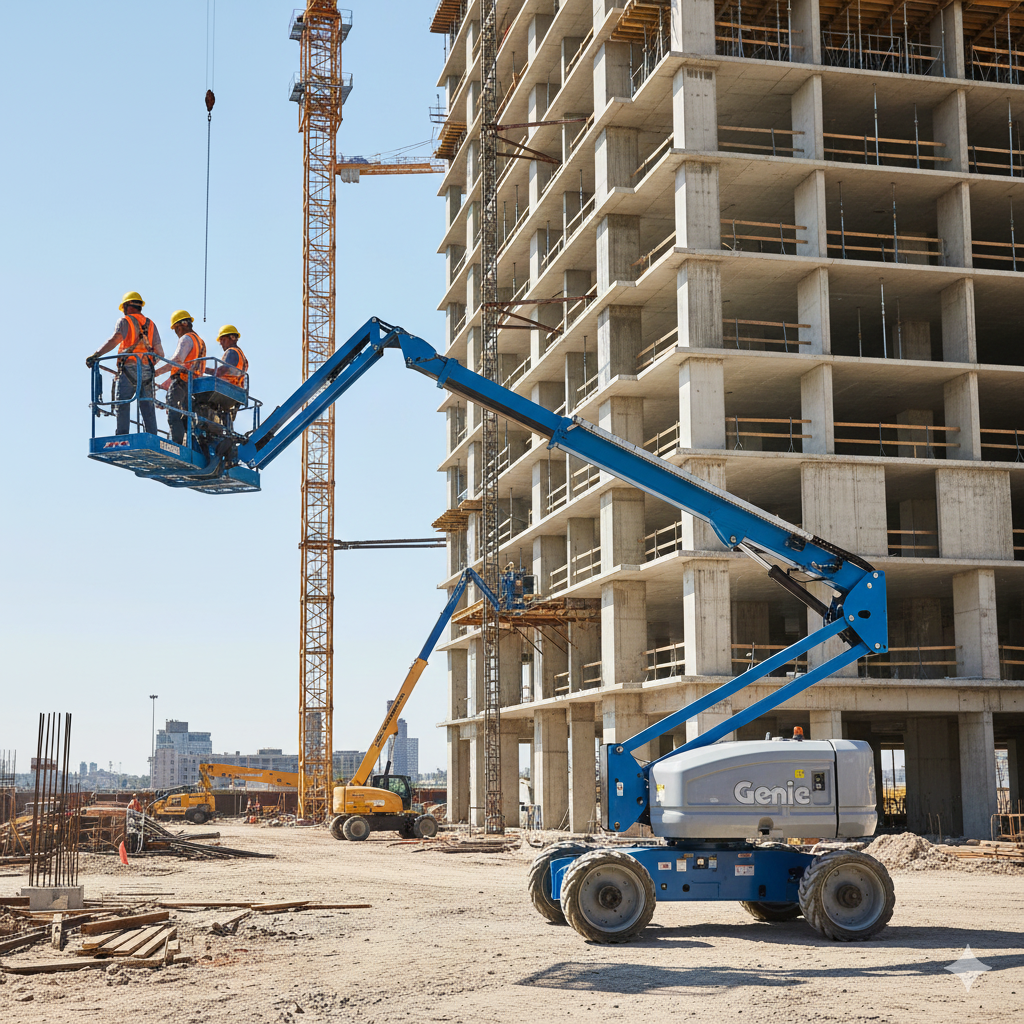 Boom lift working at height near a building