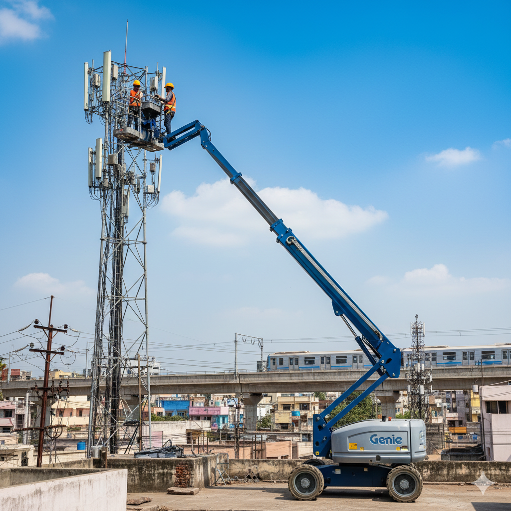 Boom lift reaching over obstacles near a building