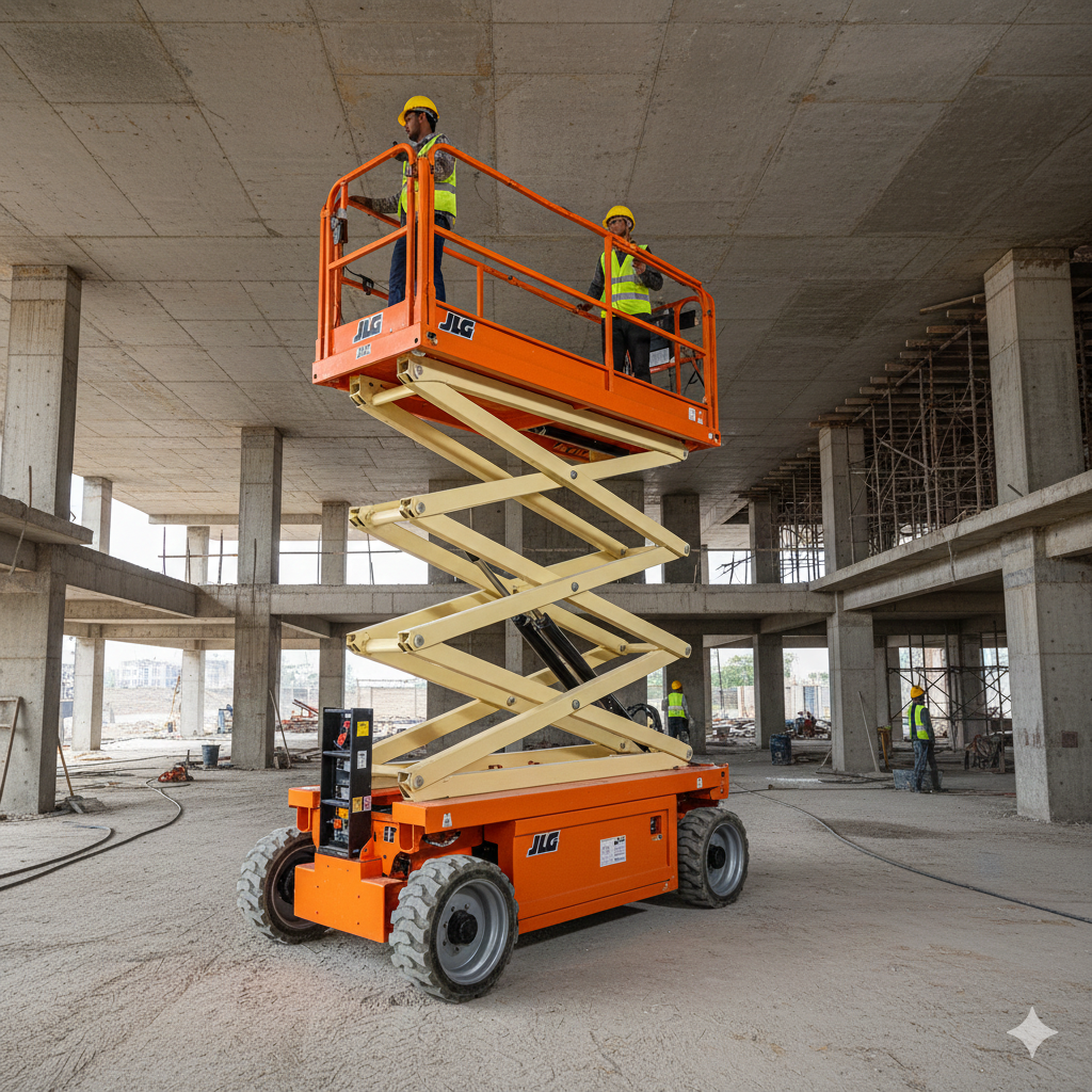 Scissor lift platform working inside a large interior space
