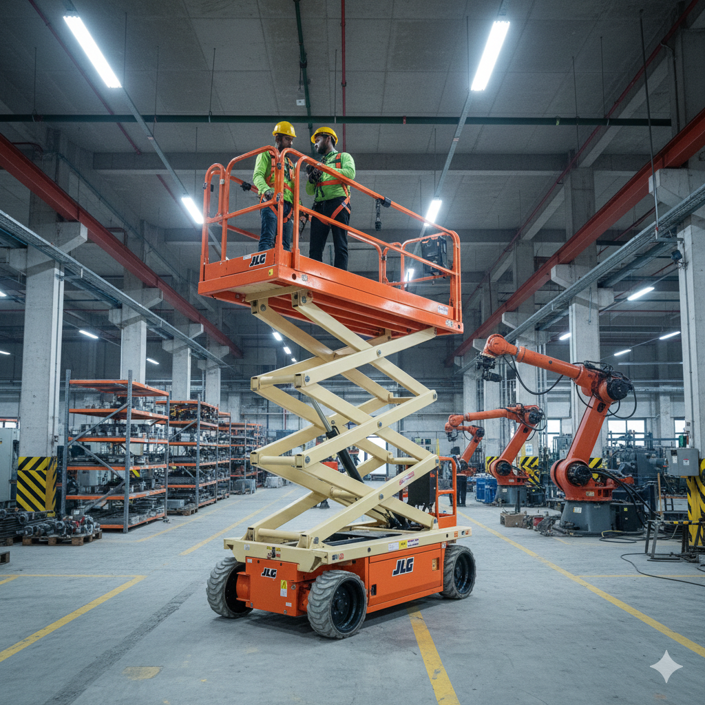 Scissor lift working at height inside an industrial building