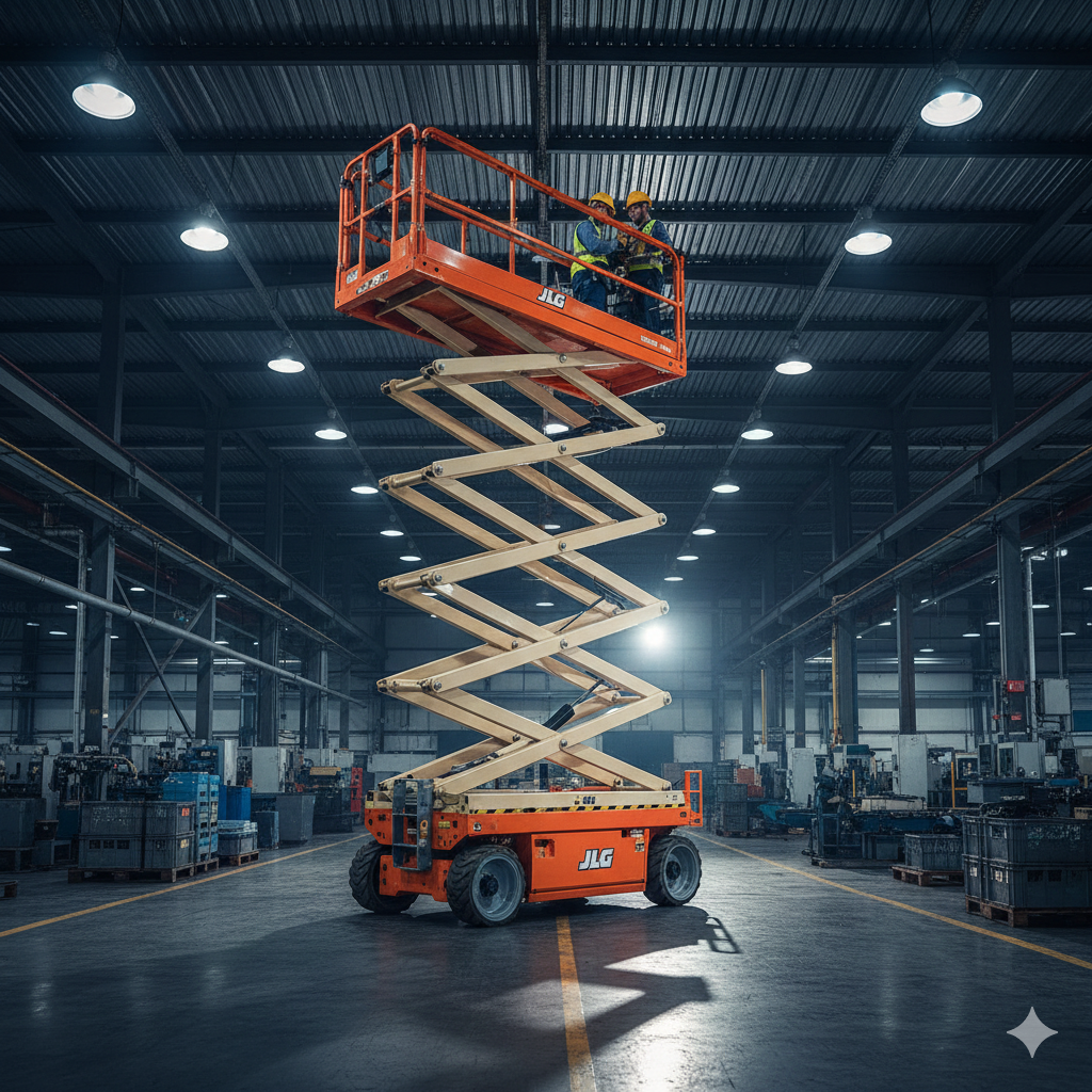 Rough-terrain scissor lift working on an outdoor project